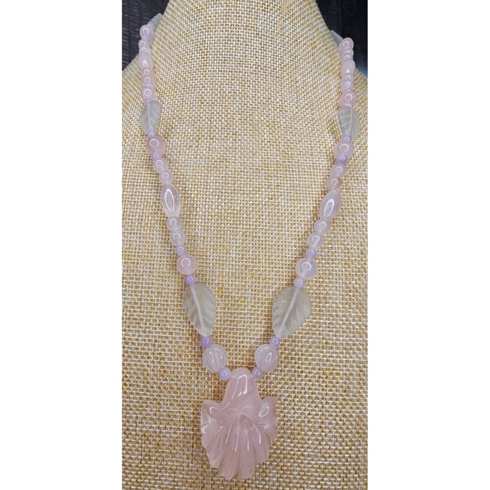Pink Jade Carved Lily Pendant and Beaded Necklace 24"L